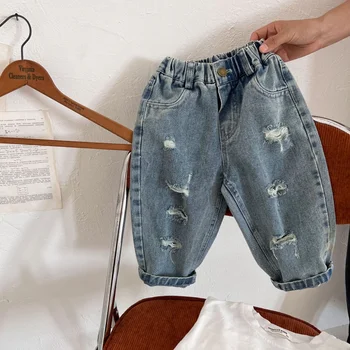 Детские брюки, новинка осени 2023 года, однотонные рваные джинсы для мальчиков и девочек, детские мешковатые брюки