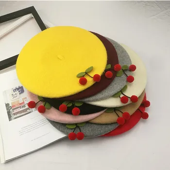 Детский вишневый берет для взрослых, осенне-зимняя шапка британского художника для девочек, детская шерстяная модная шапка художника для родителей и детей
