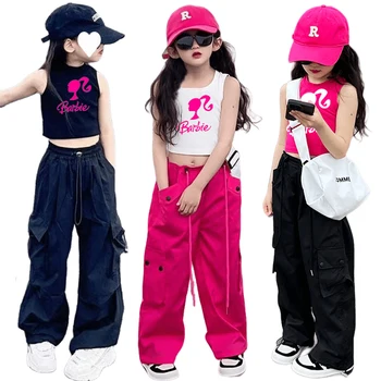 Детский жилет-шорты Barbie, комплект из двух предметов, универсальные прямые повседневные брюки в стиле хип-хоп джаз, свободные брюки с узкой талией для девочек, одежда для малышей, костюм