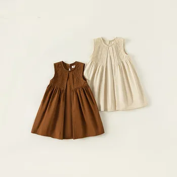 Детское летнее платье, одежда для девочек, простое платье из однотонного хлопка без рукавов