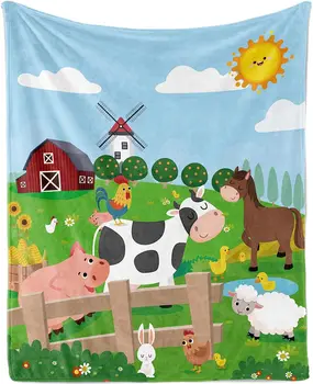 Детское одеяло с животными на ферме, тематика фермы, мягкое плюшевое флисовое одеяло с мультяшным животным принтом, уютная фланелевая пушистая ткань