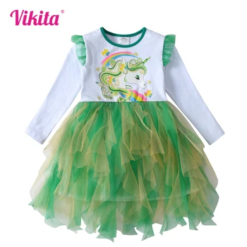 Детское платье с принтом единорога для девочек VIKITA, осенне-весенние зеленые платья с длинными рукавами, Платье принцессы из многослойного тюля с нерегулярной сеткой для девочек