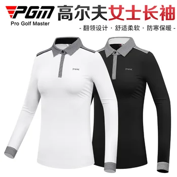 Женская модная футболка с длинным рукавом PGM, осенне-зимняя эластичная одежда с отворотом