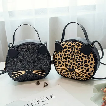 Женская сумка с леопардовым принтом 2023, сумка для телефона с кошкой для девочек, сумка через плечо в корейском стиле, милая маленькая круглая сумка