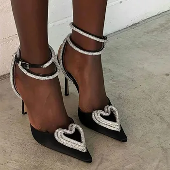 Женские туфли на высоком каблуке-шпильке с острым носком 2022 Summer Love из атласа Baotou со стразами