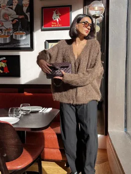 Женский шерстяной кардиган из мохера с V-образным вырезом, однобортный мягкий свитер с длинным рукавом, пальто, Элегантная осенняя свободная офисная верхняя одежда