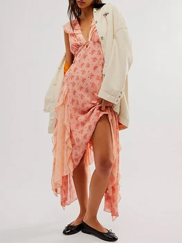 Женское летнее повседневное платье миди с цветочным принтом и оборками, платье с V-образным вырезом, модное праздничное пляжное платье
