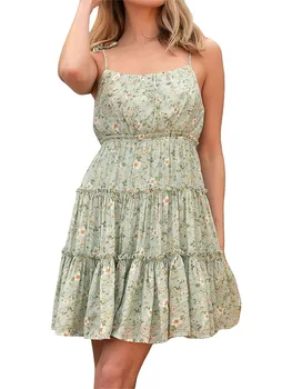 Женское мини-платье без рукавов с V-образным вырезом и Цветочным принтом, с вырезом на спине - Приталенный сарафан Трапециевидной формы для лета