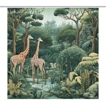 Занавеска для душа в стиле Тропического леса с изображением Слона-Жирафа, Проверенная водонепроницаемость, 183x183 см, Поставляется с крючками 12шт