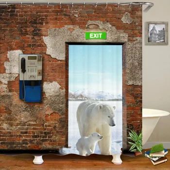 Занавеска для душа с 3D изображением белого медведя и забавных животных в стиле ретро, кирпичная стена, ванная комната, водонепроницаемая занавеска для ванны из полиэстера, украшение дома
