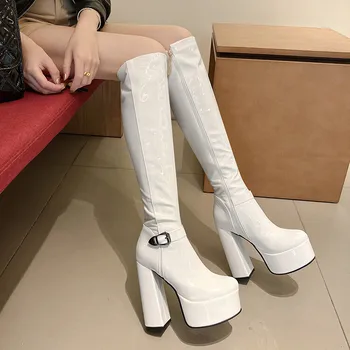 Зимние женские ботинки на платформе 2024 года, Модные женские полусапожки из лакированной кожи на массивном каблуке для девочек