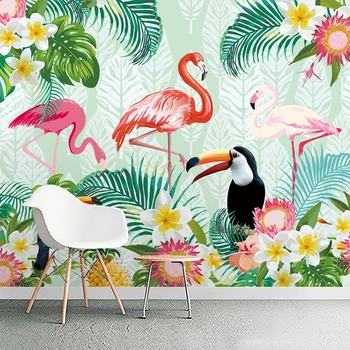 Изготовленная на Заказ фотообоя Тропическое растение Зеленый лист Попугай Фламинго Фон Обои Домашний декор Гостиная Спальня 3D Фреска