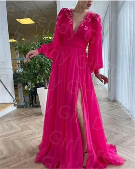 Изысканные ярко розовые шифоновые платья для выпускного вечера с длинными пышными рукавами, вечерние платья А-силуэта с разрезом и 3D цветами-бабочками, вечерние платья De Soirée