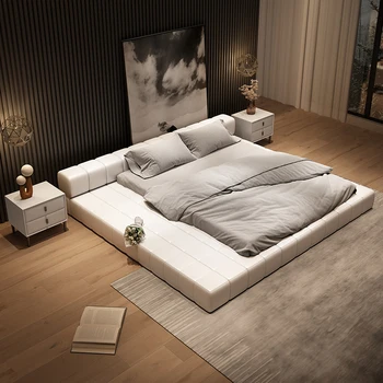 Итальянская чрезвычайно простая кожаная кровать, легкая экстравагантная простая посадочная кровать в главной спальне, карликовая кровать в японском стиле