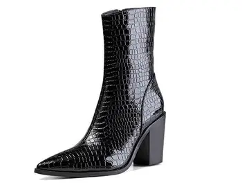 Карпатон, осенние женские ботинки с острым носком на толстом каблуке, черные ботильоны из лакированной кожи, Обувь на высоком каблуке
