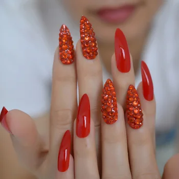 Китайские красные роскошные накладные ногти, полностью покрытые стразами, великолепные длинные шпильки, наклеивающиеся на ногти, наконечники для маникюра ручной работы 24