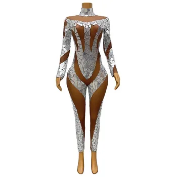 Комбинезон Silver Mirror, одежда для танцовщицы Gogo, эластичное боди, одежда для сцены для драг-шоу, костюм для выступления певицы, рейв-наряд.