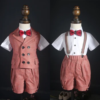 Комплект двубортного костюма для мальчика, летнее детское платье в клетку для вечеринки по случаю дня рождения, костюм для выступлений, детский жилет, шорты, одежда