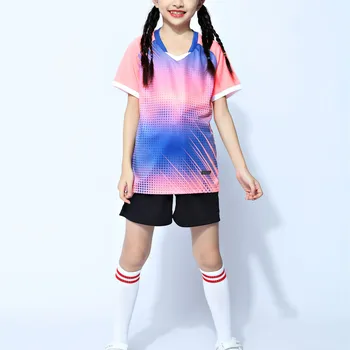 Комплект для бега для мальчиков и девочек, футбольный баскетбольный тренировочный спортивный костюм с V-образным вырезом и коротким рукавом, топы и шорты с градиентным принтом, комплект