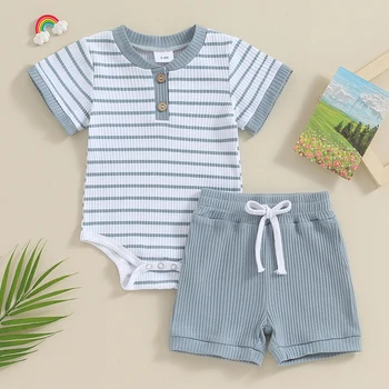 Комплект Одежды для новорожденных мальчиков и девочек, комбинезон в рубчатую полоску с коротким рукавом и однотонные шорты, комплекты летней одежды из 2 предметов