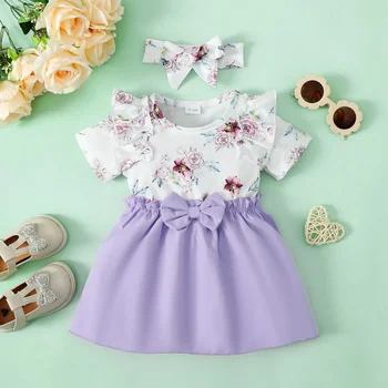 Комплект одежды из 2 предметов для маленькой девочки, платье с короткими рукавами и цветочными оборками + головные уборы, модный стиль, день рождения, летняя одежда для 0-3 лет