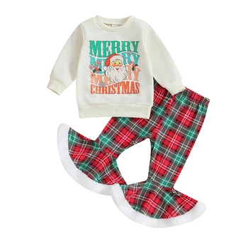 Комплект Рождественской одежды для маленьких девочек, толстовка с буквенным принтом Санта-Клауса и штаны-клеш в клетку, детский рождественский наряд
