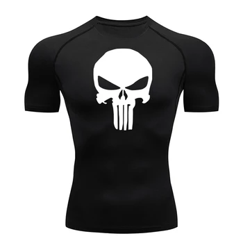 Компрессионная рубашка с черепом, мужская футболка для бега, фитнес-топ, спортивный бодибилдинг, Летняя мышечная рубашка с длинным рукавом, черный