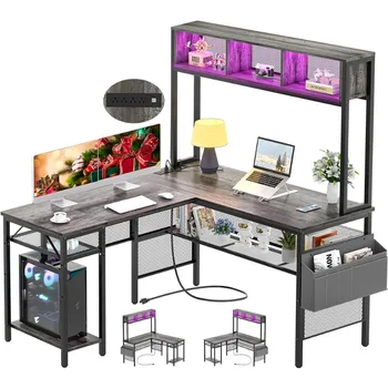Компьютерный стол Unikito L-образной формы со светодиодной лентой и розетками, реверсивный угловой стол L-образной формы, столы для домашнего офиса