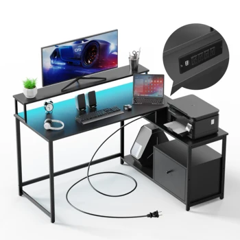 Компьютерный стол для домашнего офиса с ящиком для файлов, светодиодной лентой, электрической розеткой