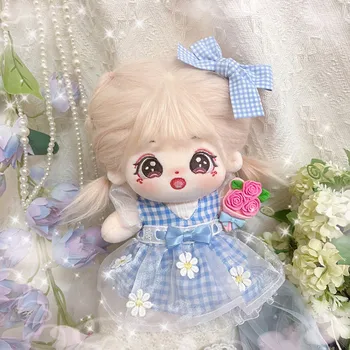 кукольная одежда ручной работы 20 см, голубая клетчатая юбка с хризантемами, хлопковое кукольное платье, Галстук-бабочка, Аксессуары для волос, сменная одежда