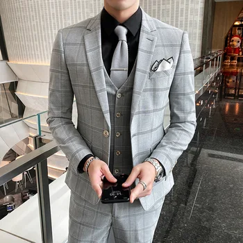 (Куртка + брюки + жилет) Новый клетчатый приталенный Свадебный смокинг, комплект из 3 предметов, мужская мода, высококачественная одежда для свадьбы жениха, мужская свадьба