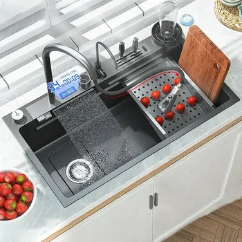 Кухонная раковина с водопадом из нержавеющей стали 304, Цифровой дисплей, Большая раковина с одной раковиной, раковина для мытья посуды с многофункциональным сенсорным управлением