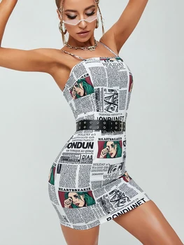 Летнее индивидуальное платье-комбинация с газетным принтом и буквенным принтом Spice Girl, тонкое платье без рукавов, сексуальное женское платье без бретелек
