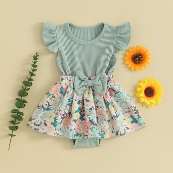 Летнее платье-комбинезон для маленьких девочек с развевающимися рукавами и цветочным принтом в горошек, лоскутный комбинезон