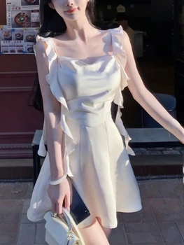 Летнее Элегантное мини-платье Феи с открытой спиной, женское Корейское Модное платье на бретелях, Женское Винтажное Дизайнерское платье с оборками 2023