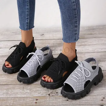 Летние новые сетчатые сандалии, женские трикотажные босоножки на шнуровке, с круглым носком, на платформе, с открытым носком, нескользящие повседневные римские сандалии.