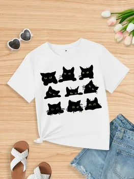 Летние футболки с короткими рукавами для мальчиков из 100% хлопка с принтом черного кота, повседневная приталенная детская футболка с круглым вырезом