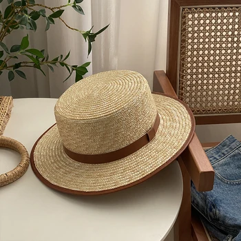Летняя женская панама Плоская соломенная шляпа Пляжный зонт для пляжного отдыха Солнцезащитный крем Верхняя шляпа Простая Модная дышащая соломенная шляпа от солнца
