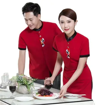 Летняя Ресторанная униформа для официанта с рисунком масок китайской оперы, рабочая одежда для гостиниц, куртка для общественного питания с коротким рукавом