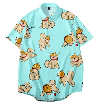 Летняя рубашка с коротким рукавом с принтом собаки Шиба-Ину 2023 года, Уличная Гавайская рубашка, Модные Крутые Пляжные мужские топы Оверсайз
