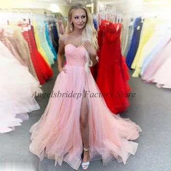 Магазин Angelsbridep 2 с плеча тюль Аравия розового бисера пляж Дубай вечерние платья с разрезом для женщин формальное вечернее платье