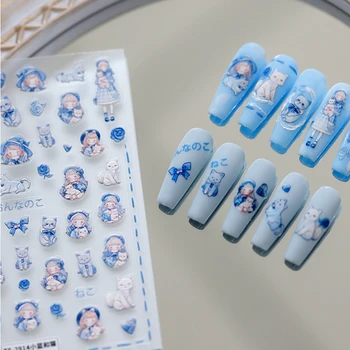 Милый мультфильм Голубая Лолита Девушка Кошка 5D Рельефные Рельефы Самоклеящиеся наклейки для ногтей Прекрасный Цветок 3D Наклейки для маникюра Оптом
