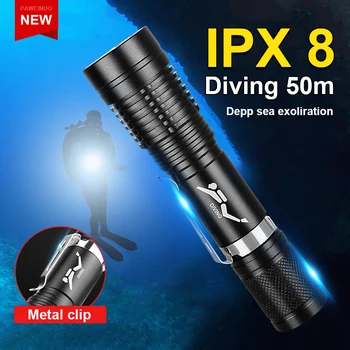 Мини-портативный перезаряжаемый светодиодный фонарик для дайвинга IPX8, супер яркий фонарь для дайвинга 18650, зажим для ручного фонарика для подводного плавания