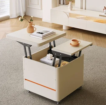 Многофункциональный журнальный столик с подъемным механизмом, двойного назначения в кремовом стиле, для небольшой домашней гостиной, передвижной телескопический складной столик