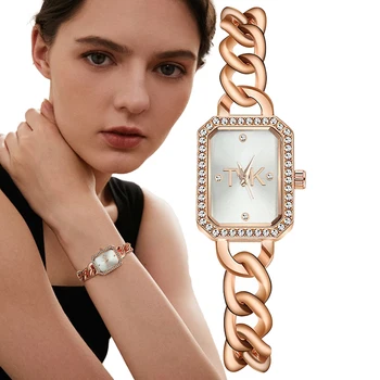 Модные дамы 2024 Новый бренд TVK Квадратные Простые кварцевые часы с бриллиантами, повседневный браслет, ремешок из розового золота, Женские часы для платья