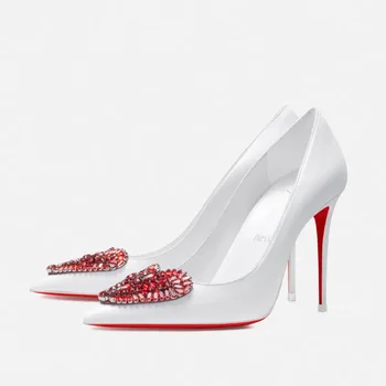 Модные женские белые туфли-лодочки со стразами в виде сердца, Пикантные туфли с красной подошвой, Zapatos De Mujer Tacon Medio Elegantes На высоком каблуке, осень