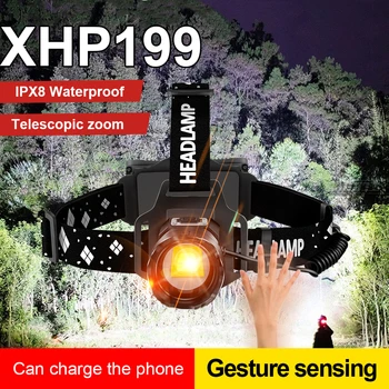Мощный XHP199 Ультрамощный налобный фонарь с USB-перезаряжаемой светодиодной фарой Zoom Head Light 18650 для рыбалки со светодиодным налобным фонариком
