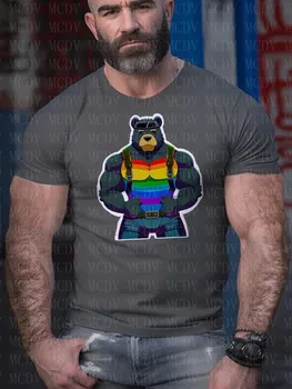 Мужская Повседневная футболка с принтом Rainbow Muscular Bear Harness, Летние Футболки, Красочные Футболки The Best He Him Hole, Футболка с принтом LGBT3D
