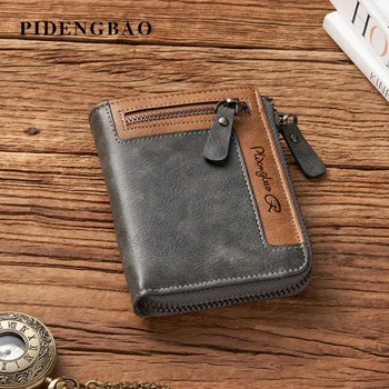Мужской кошелек в стиле ретро, короткий кошелек для карт, мужской кожаный кошелек на молнии