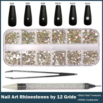 Набор из 12 Сеток Страз с Хрустальными Зажимами Для Ручек - Разноцветные Драгоценные Камни для ногтей DIY Nail Art